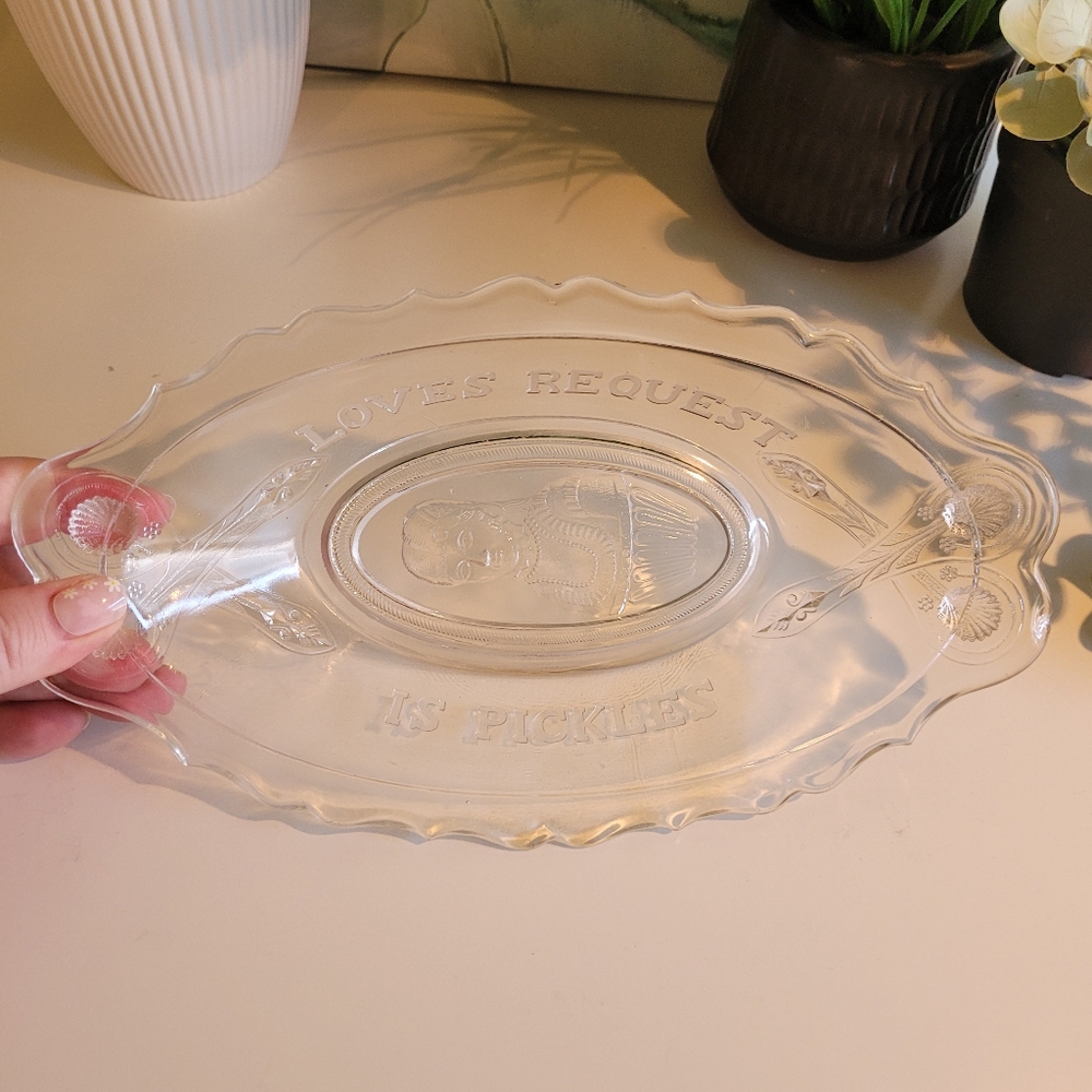 Antique EAPG Glass Pickle Dish Minerva LOVES REQUEST IS PICKLES Adams Rare 9"